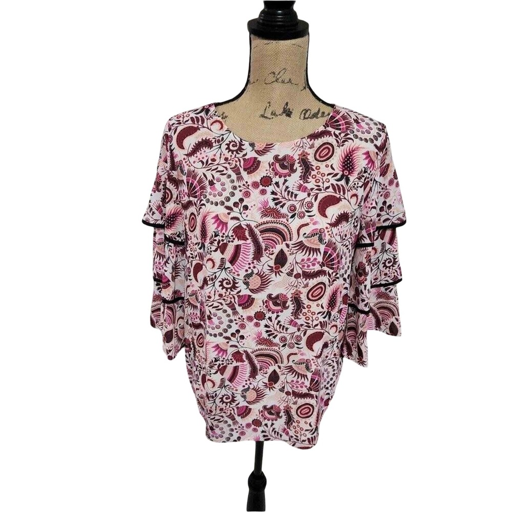 LOFT‎ Womens Floral Paisley Tiered Ruffle Bell Sleeve Blouse Pink Burgundy Small